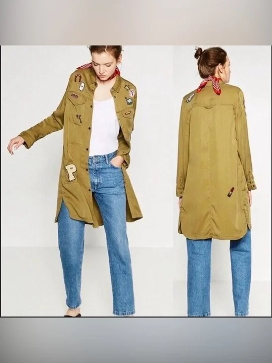 Zara Olive Green Patchwork Long Shirt Jacket - Picture 3 of 5